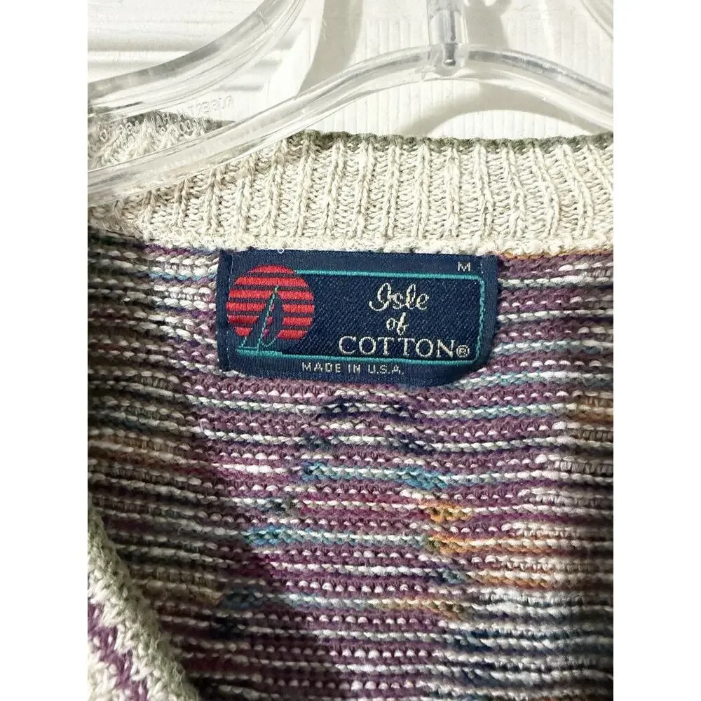 Vintage Isle Of Cotton Sweater Argyle Sz M Made In USA Knit